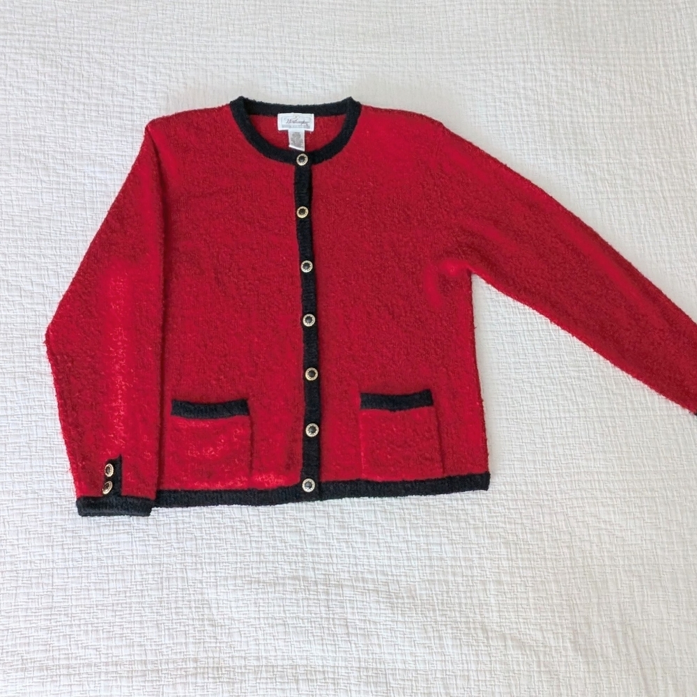 Worthington Petite Classic Red & Black Button Down Sweater Jacket Size L/12P
